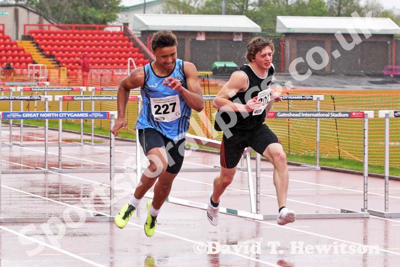 227 Euan Dickson-Eearle (Oaklands College) beats James Taylor (Newcastle Under Lyme College in the 110 metres hurdles, British College Championships, Gateshead International Stadium.